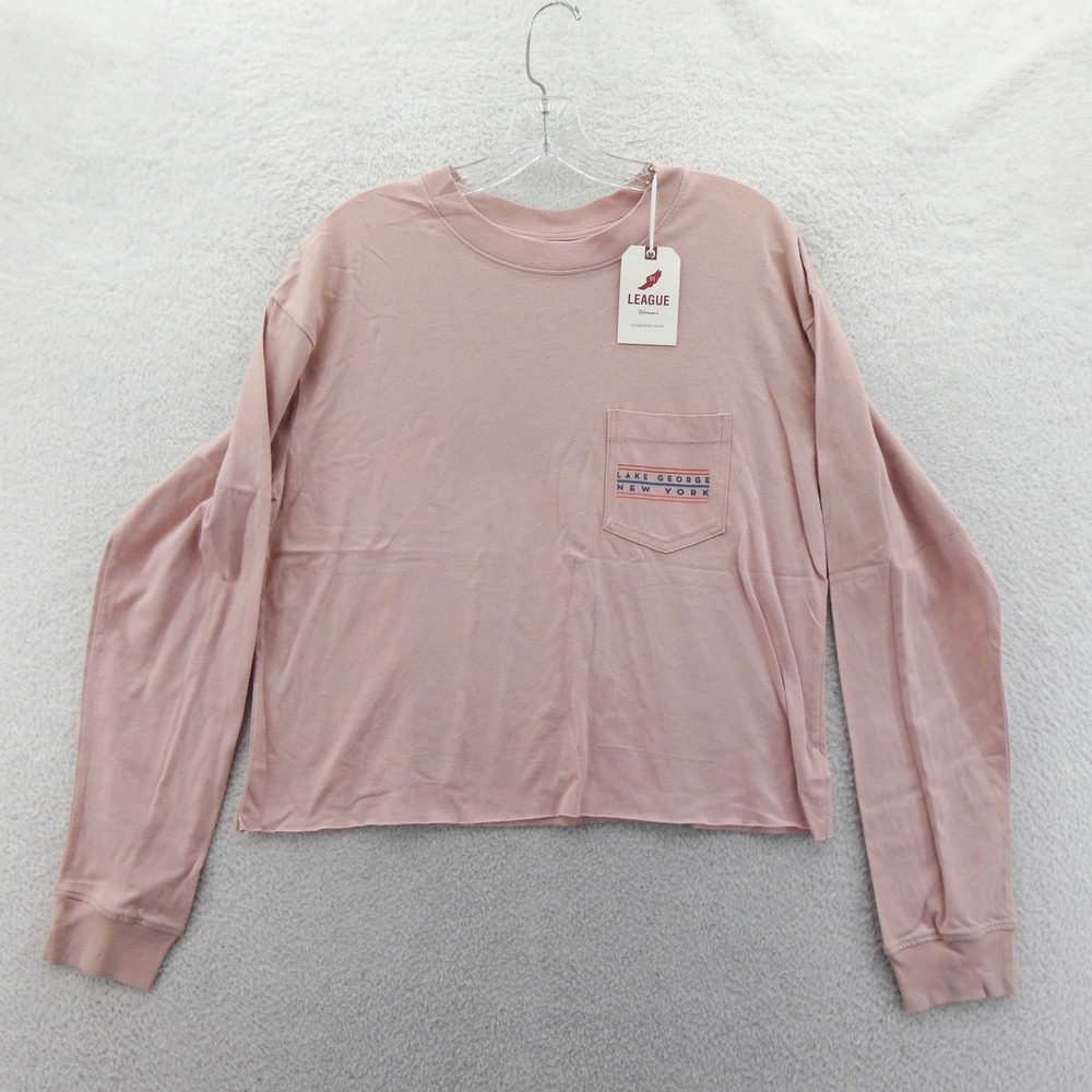 League T-Shirt Womens Medium Lake George New York Pink Long Sleeve Cotton Pocket